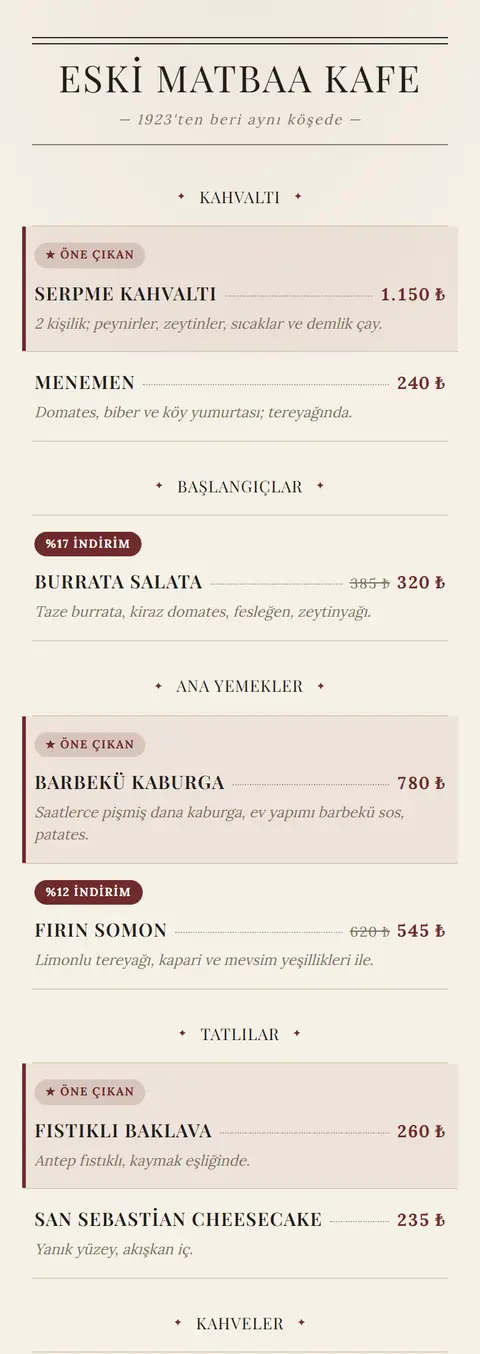 Eski Matbaa Kafe — Heritage Press tasarımlı örnek QR menü