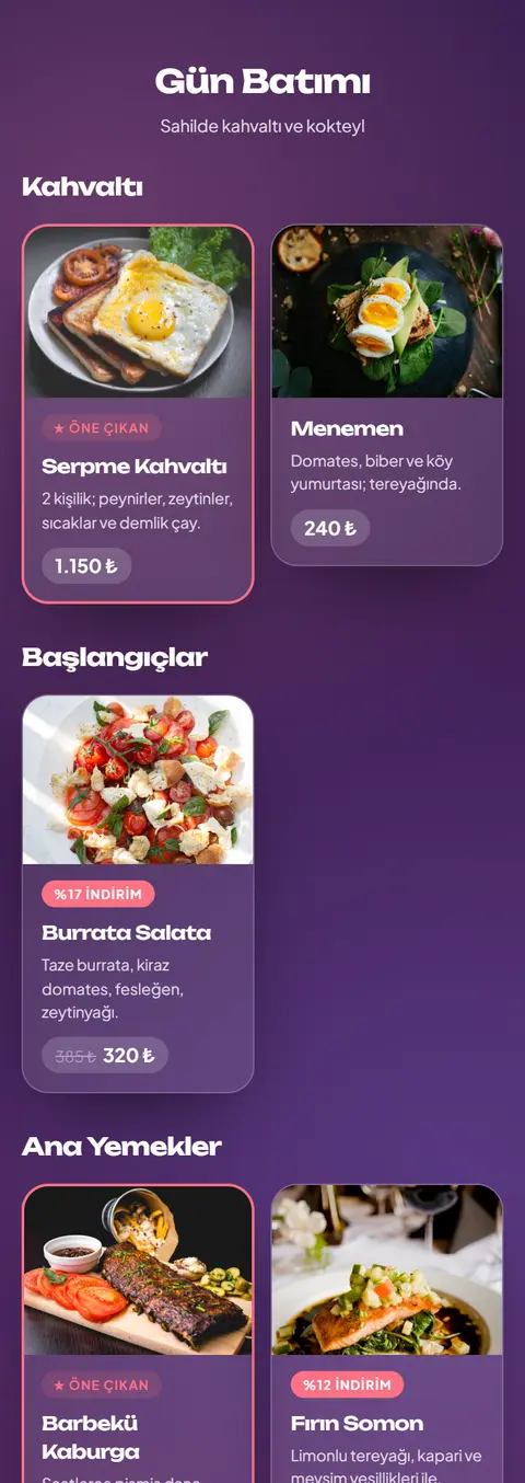 Gün Batımı — Sunset Vibes tasarımlı örnek QR menü