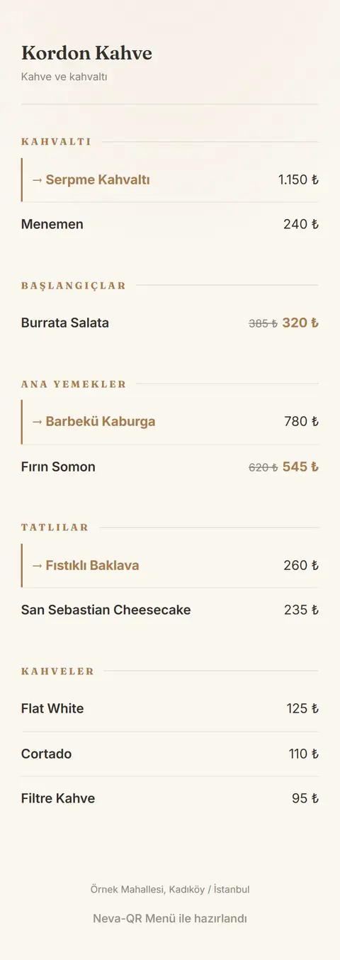 Kordon Kahve — Minimalist Kaffe tasarımlı örnek QR menü