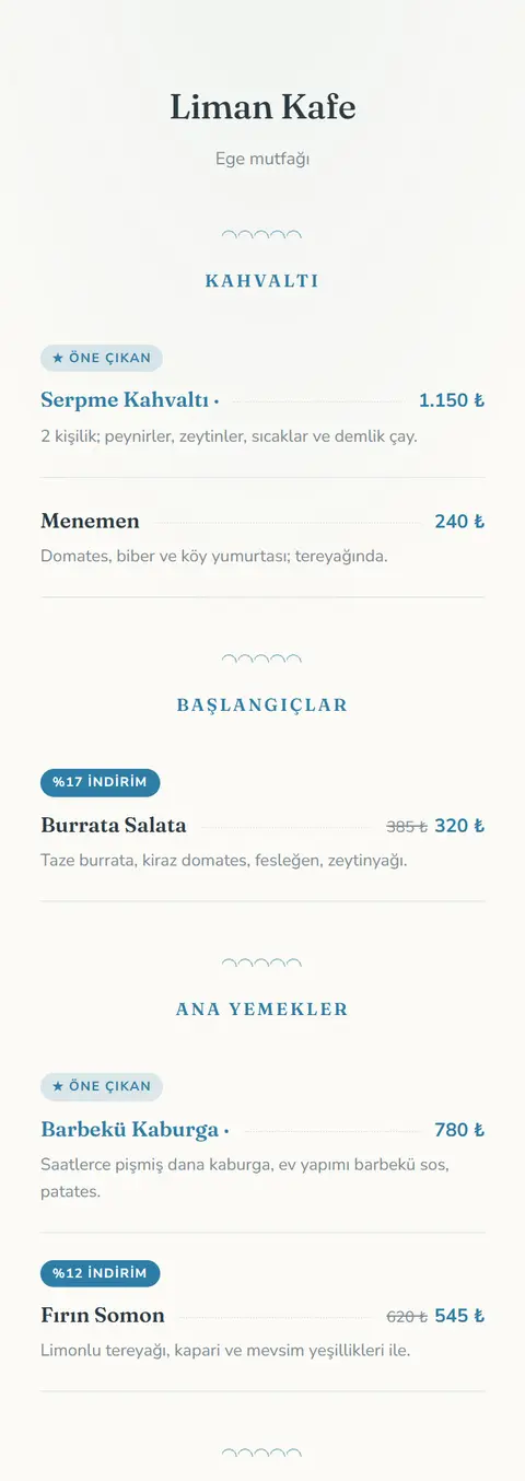 Liman Kafe — Coastal Breeze tasarımlı örnek QR menü