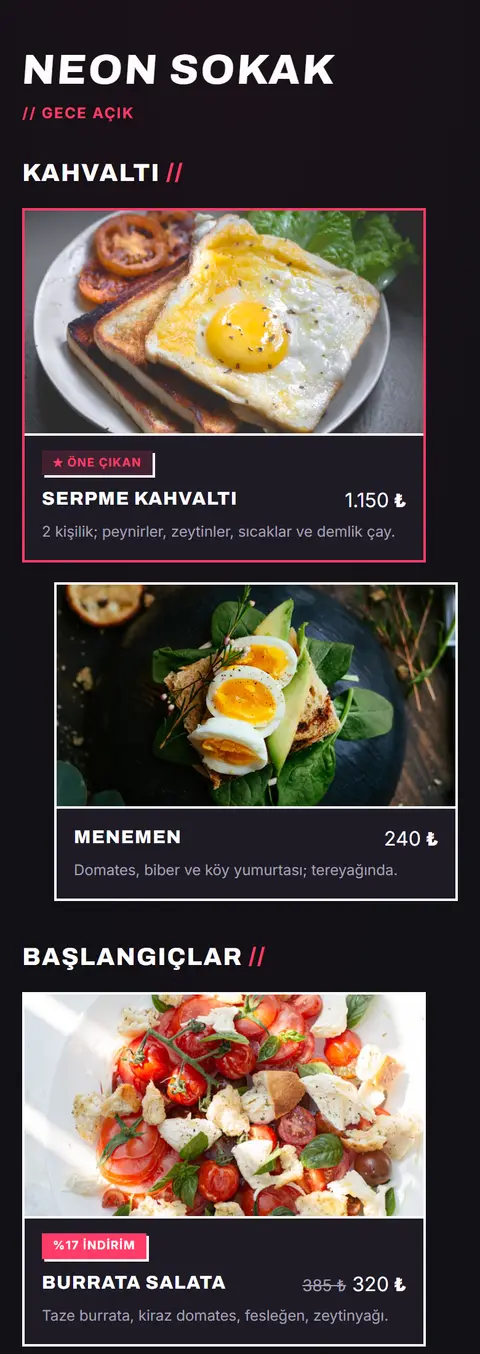 Neon Sokak — Neon Street tasarımlı örnek QR menü
