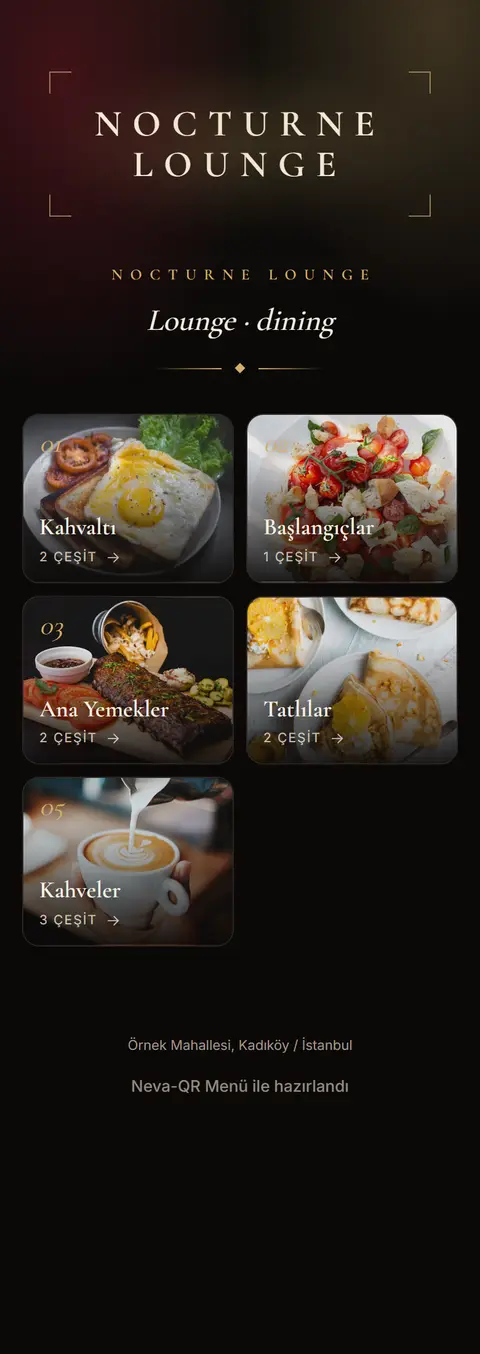 Nocturne Lounge — Noir Lounge tasarımlı örnek QR menü