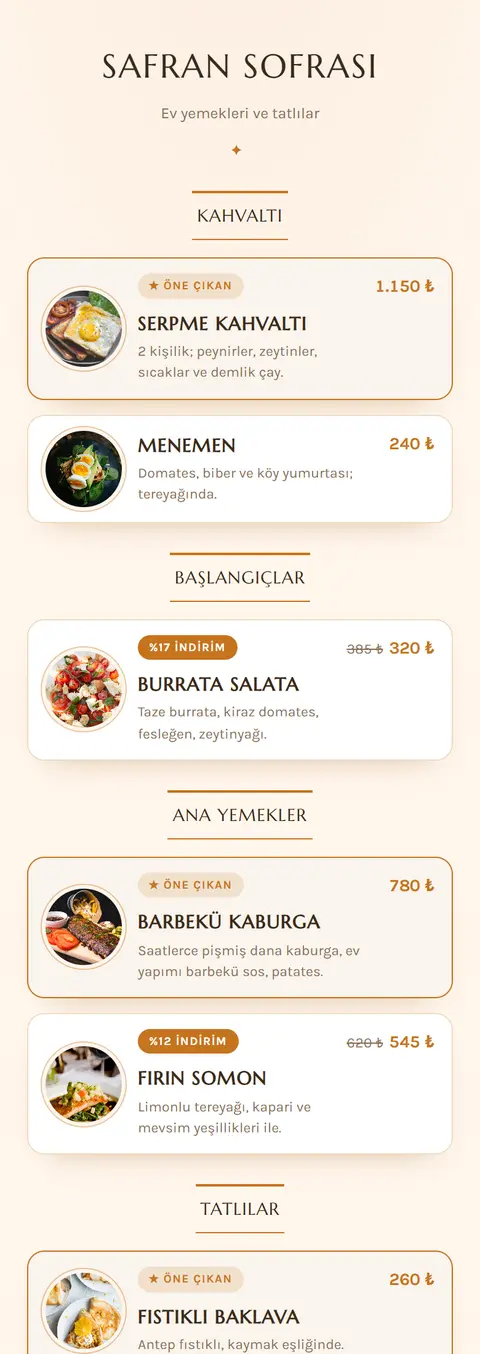 Safran Sofrası — Saffron Table tasarımlı örnek QR menü