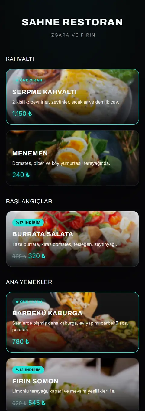 Sahne Restoran — Cinematic Dark tasarımlı örnek QR menü