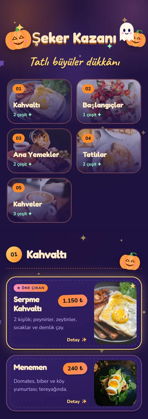 Şeker Kazanı — Cadı Kulübesi tasarımlı örnek QR menü