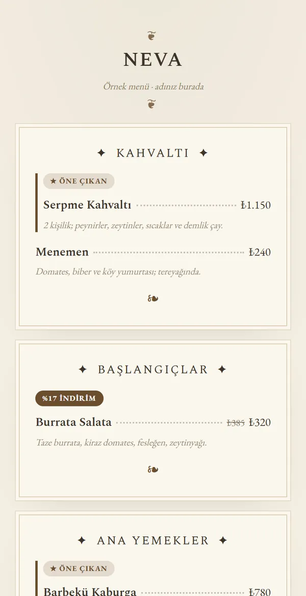 Artisan Crafted QR menü şablonu önizlemesi
