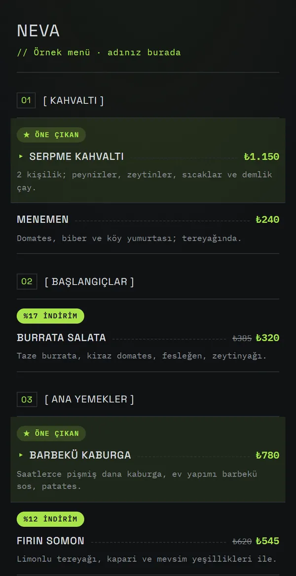 Carbon Mono QR menü şablonu önizlemesi