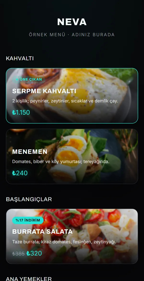 Cinematic Dark — fotoğraflı, koyu QR menü şablonu