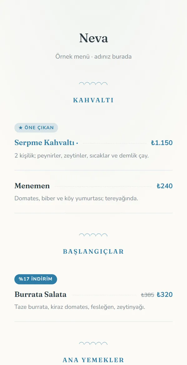 Otel için Coastal Breeze QR menü şablonu