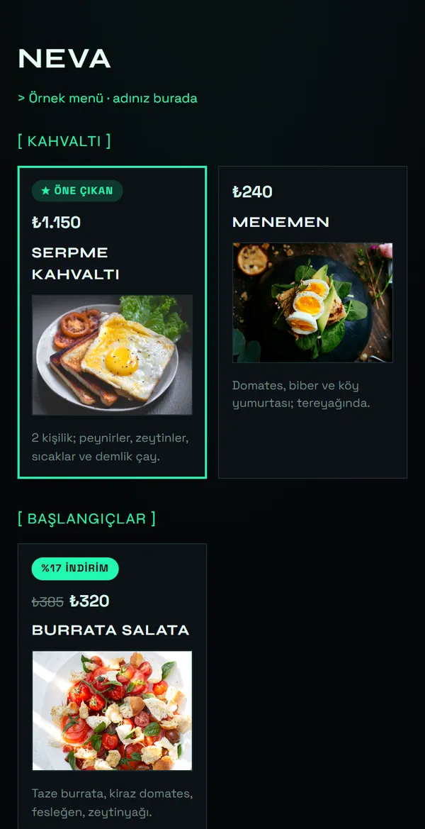 Cyber Dark QR menü şablonu önizlemesi