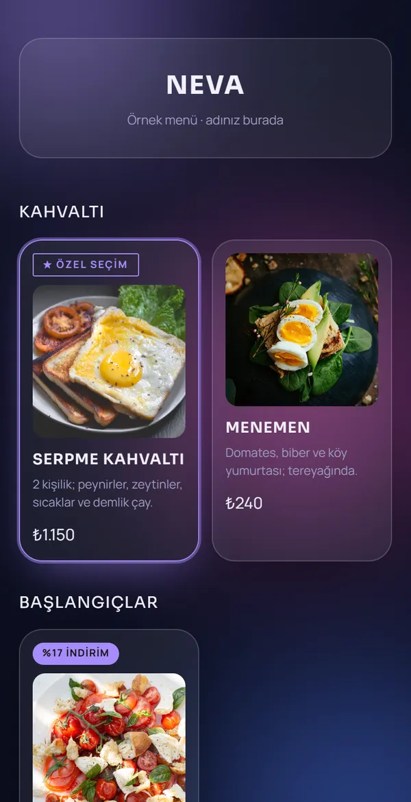 Glassmorphism Luxury QR menü şablonu önizlemesi