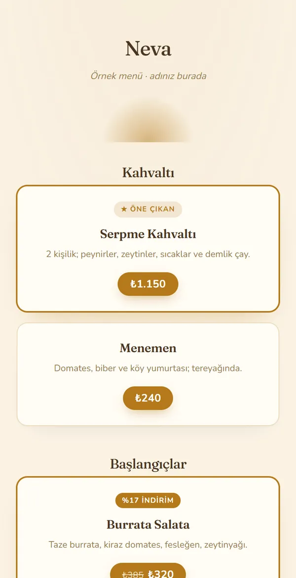 Golden Hour QR menü şablonu önizlemesi
