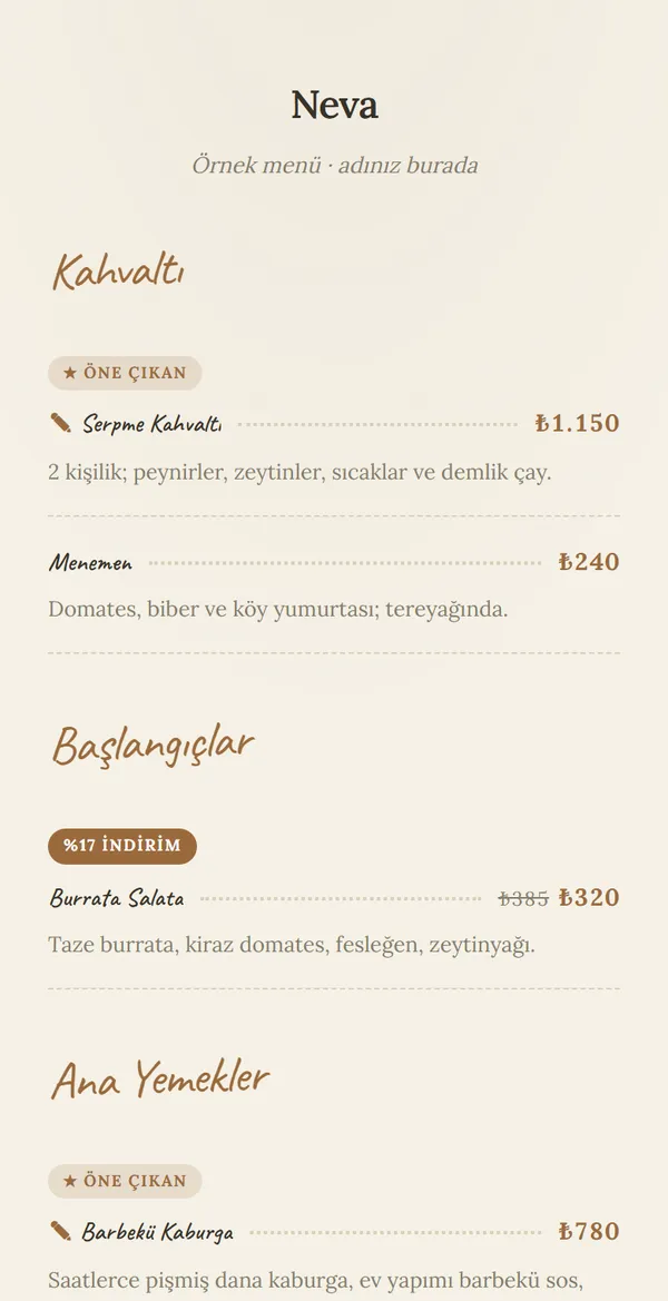 Linen Note QR menü şablonu önizlemesi