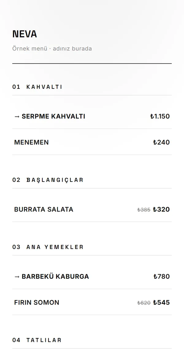 Minimal Mono QR menü şablonu önizlemesi