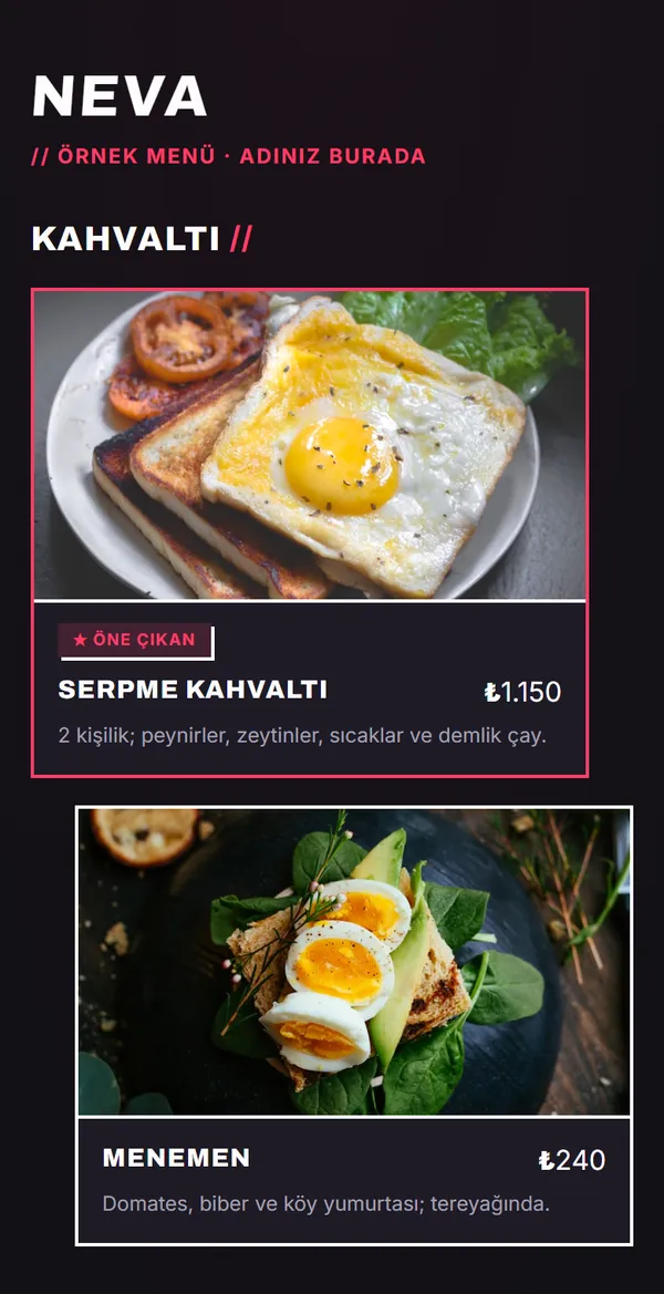 Neon Street QR menü şablonu önizlemesi