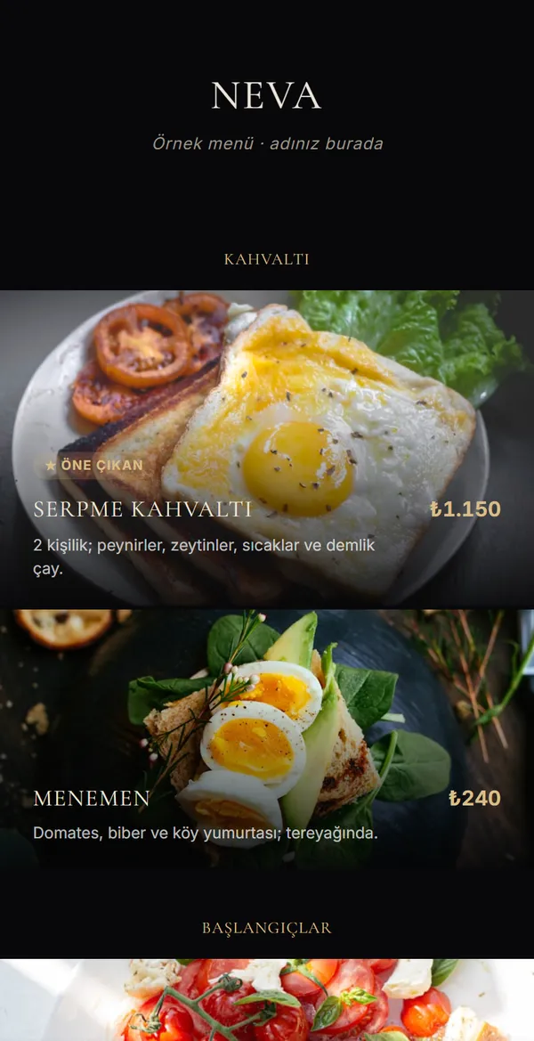 Onyx Lux QR menü şablonu önizlemesi