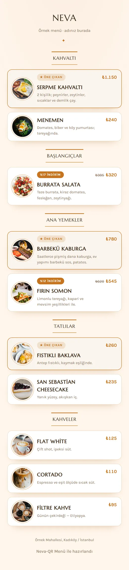 Neva QR menü şablonu telefonda