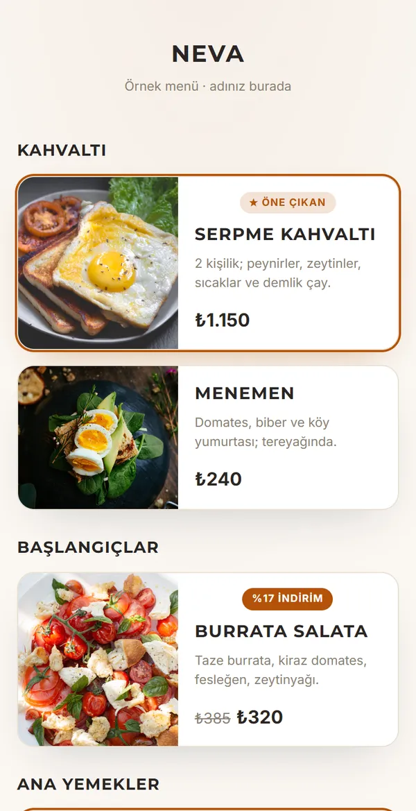 Split Card QR menü şablonu önizlemesi