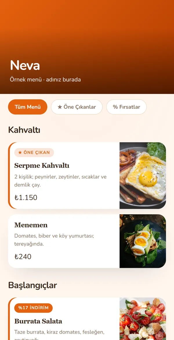 Sunset Orange QR menü şablonu önizlemesi