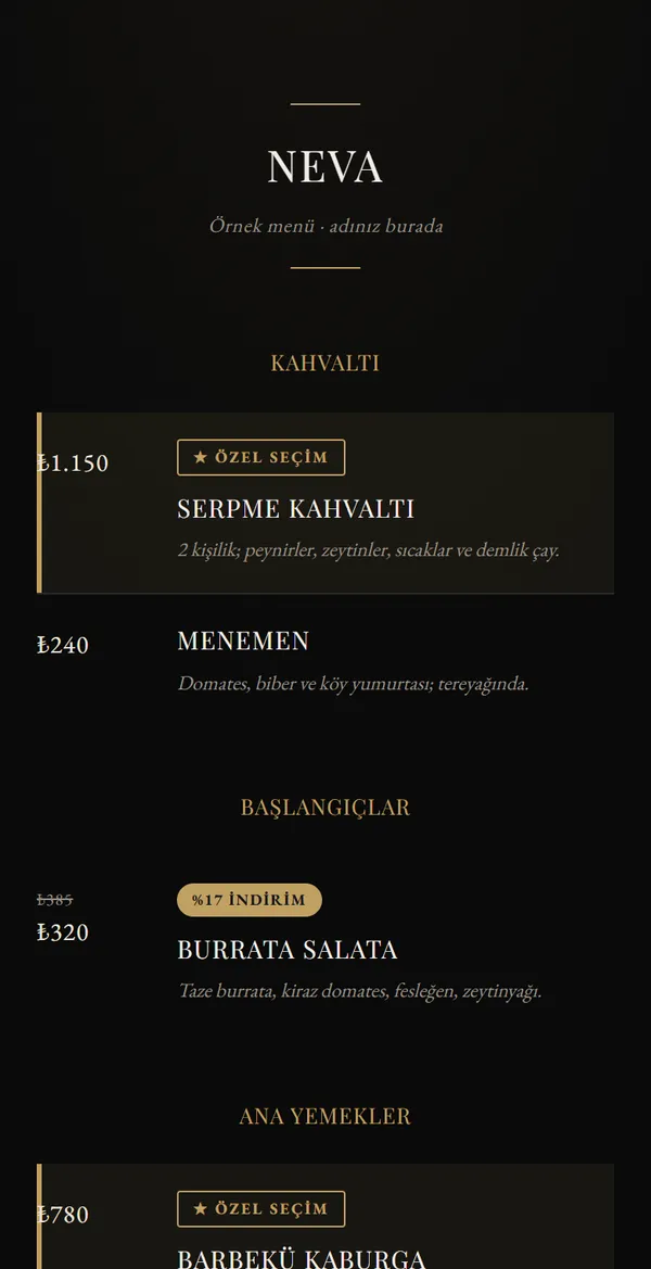 Velvet Noir QR menü şablonu önizlemesi